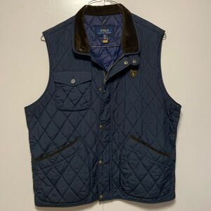 POLO XXL dark blue quilted vest with brown corduroy accents, zipper, snaps, vent